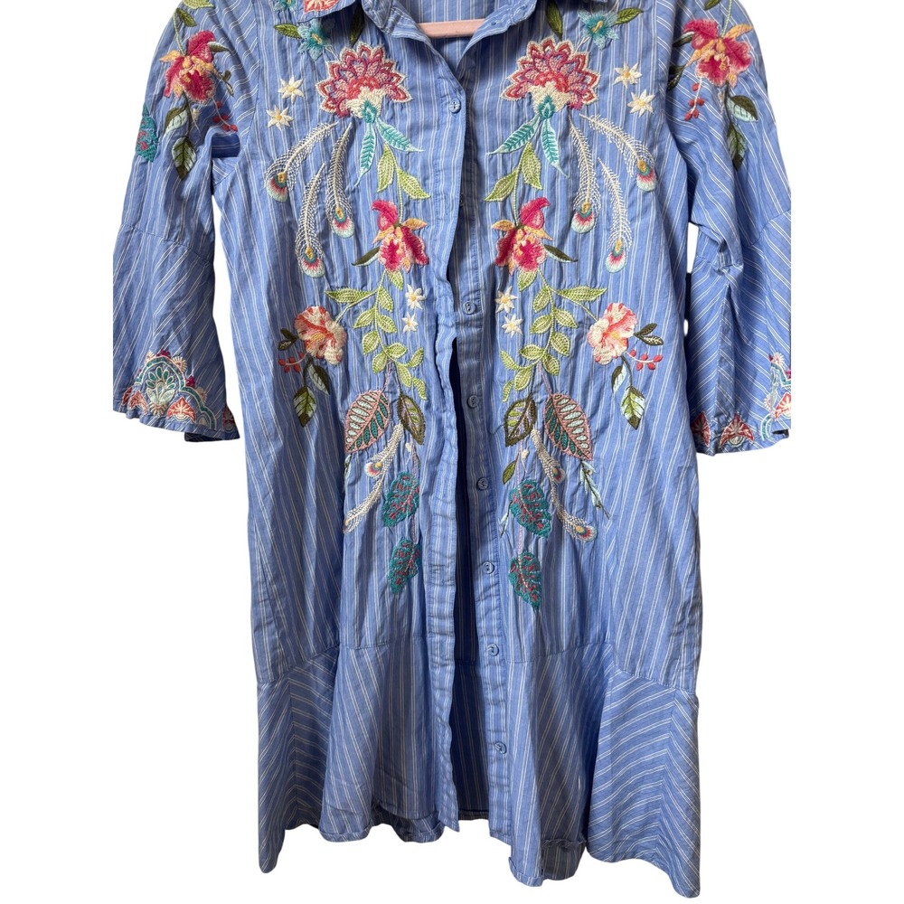 Johnny Was Workshop Blue Striped Floral Embroidered Button Front Shirt Dress XS - Picture 4 of 7